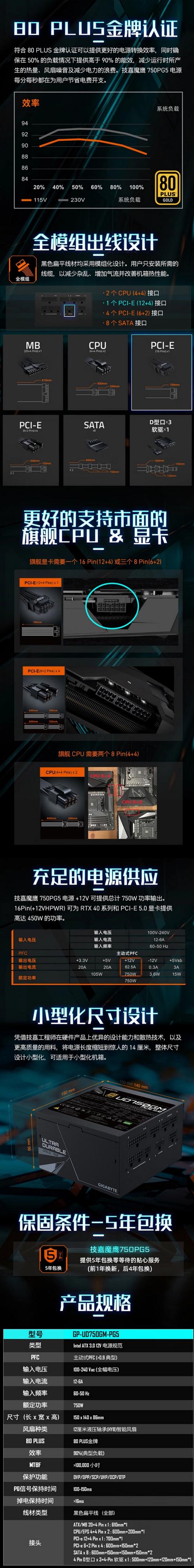 技嘉发布魔鹰1300PG5电源 支持PCI-E 5.0与ATX 3.0规范